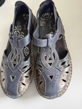 Propet Jenna Navy Blue Pewter Leather Fisherman Sandals 7.5W